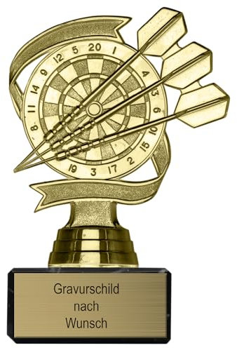 Pokal-Fabrik - Goldener Dart Pokal 14 cm aus hochwertigem Kunststoff mit Gravur - Geschenk-Trophäe mit schönen Dartpfeilen & Marmorsockel - Personalisiertes Geschenk - Wanderpokal Dart Zubehör