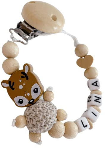 personalisierte Kette mit Namen für für Mädchen in Rosa oder Junge in Blau Baby Geschenk personalisiert zur Geburt & Taufe Reh (Sand mit Holz Herz)