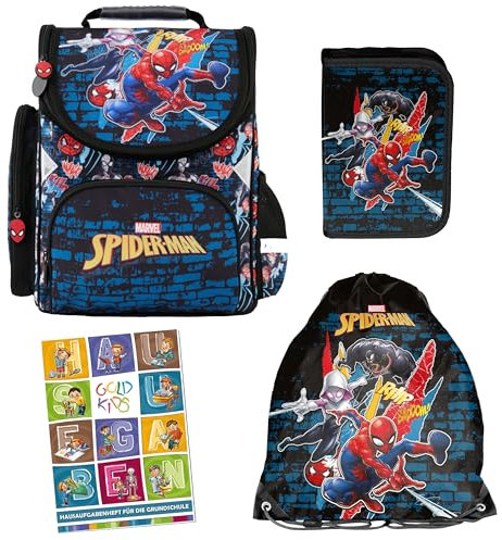 Goldkids - Schulranzen für Jungen und Mädchen, 4er-Set - Schul-Rucksack für Kinder mit Federmäppchen - Schuhbeutel und Hausaufgabenheft - Spider-Man Motiv - 1-3 Klasse (Motiv 2, 4er-Set)