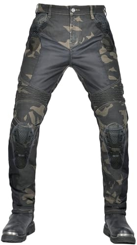 QIYUANT Pantalones de Moto Verano para Hombre Camuflaje Motocicleta Jeans Respirable Resistencia Desgarro Pantalón de Motorista Mujer Retro Casual Elásticos con Protecciones Mejorada (Verde, L)
