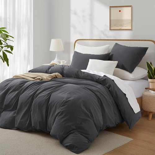 Boqingzhu Baumwolle Bettwäsche 220x240cm Grau Anthrazit Einfarbig Uni Ästhetik Doppelbett Weich Renforce Baumwollbettwäsche Bettbezug 220x240cm und 2 Kissenbezüge 80x80cm mit Reißverschluss