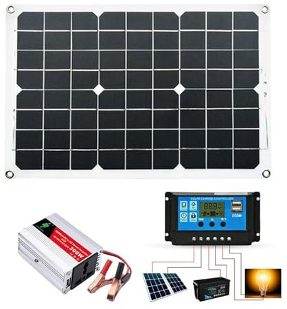 MGHRUE Kit De Panneau Solaire 150 W, Kit Solaire Monocristallin 12 V, Kit Hors Réseau, 1 Onduleur + 1 Panneau Solaire 18 W 18 V + Câble DC + Pince Crocodile DC + 1 Contrôleur 30 A.