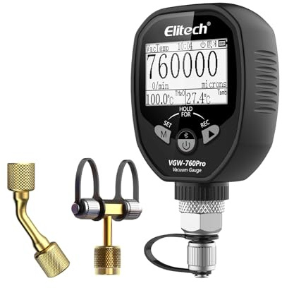 Elitech Digital Vacuum Gauge HVAC, Wireless Micron Gauge with Adaptors 1/4 SAE Pressure Tester Meter, Alarms via APP, Offline Recording, VGW-760Pro