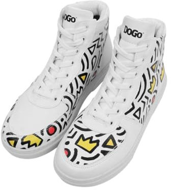 Women Vegan Leather White High Top Sneakers - Abstract Outline White Design