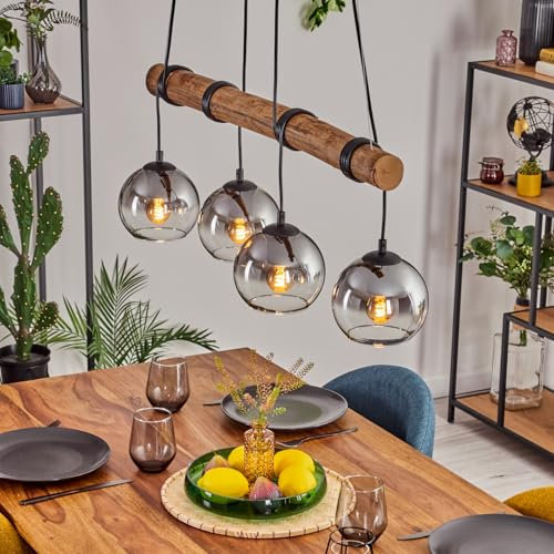 HOFSTEIN Pendelleuchte Koyoto, 4-flammige Hängelampe aus Metall/Holz/Glas in Schwarz/Natur/Rauch/Klar, Hängeleuchte mit Glasschirmen und Holzbalken, Höhe max. 150cm, E27, Esszimmer, Wohnzimmer, Küche