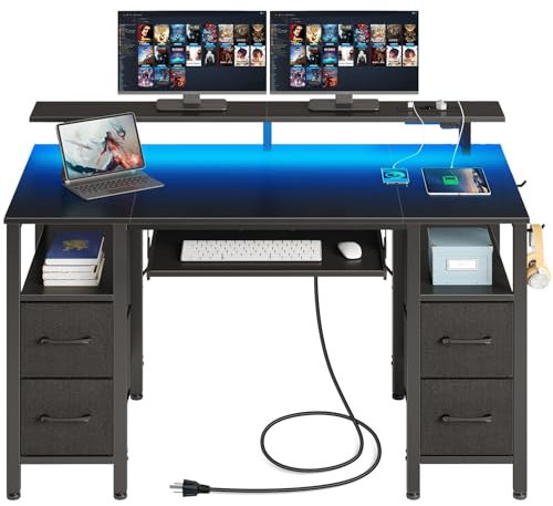 Rolanstar Schreibtisch mit Schubladen, 120x47cm Gaming Tisch mit Steckdose, LED & Monitorständer, Computertisch mit Tastaturablage, Gaming Schreibtisch für Home Office, Büro, Wohnzimmer, Schwarz