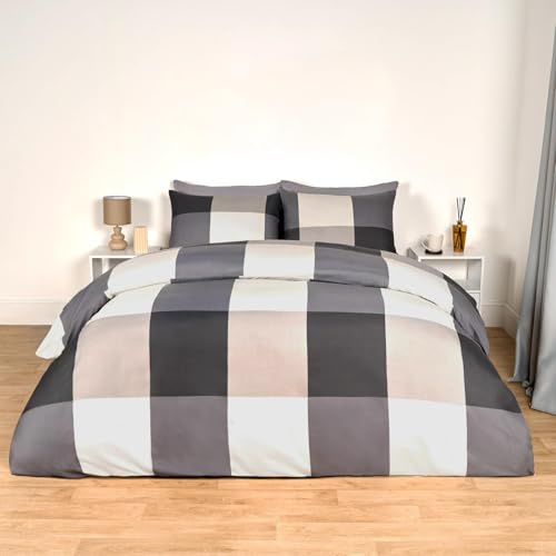 OHS King Size Duvet Set Gingham Check, Ultra Soft Cosy Comfy Fabric Neutral Grey Tones Classic Gingham Check Pattern King Size Bedding Set & 2 Pillowcases, Grey