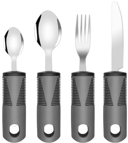 4pcs Easy Grip Cutlery Adaptive Cutlery with Extra Wide Handles for Disabled Arthritic Hands Dining Aid for Parkinson's Aids Caring Cutlery Disabled Cutlery for Adults Knife Fork Spoon Teaspoon