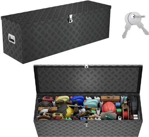 UISEBRT Aluminium Werkzeugbox mit Schloss, Alubox Transportbox 1219x381x381 mm, robuste Alu Kiste für Werkzeuge, Anhängerbox, wasserdichte Aufbewahrungsbox mit 2 Schlüsseln (Schwarz)