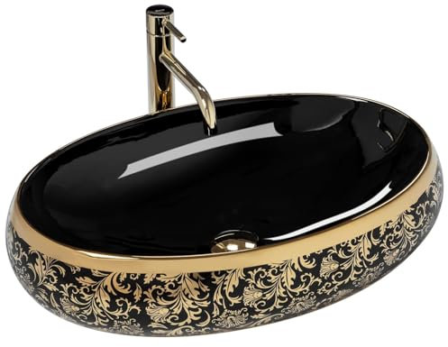 GTM Design Lavabo à poser, brillant, moderne, sans trou de robinet, élégant, ovale, pour salle de bain et WC d'invités, lavabo de salle de bain uniquement, modèle 6