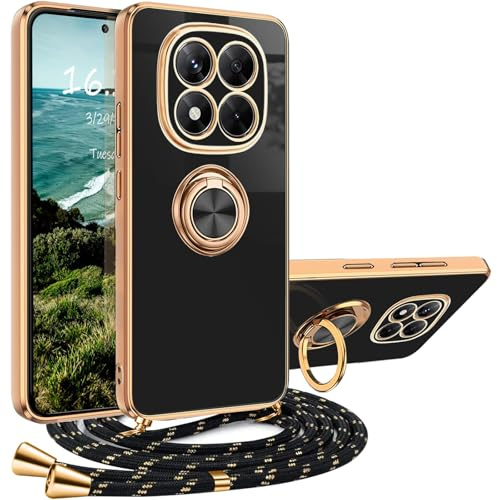 XCYYOO Handykette für Redmi Note 14 Pro 5G Hülle mit Band Handyhülle mit Kette Galvanisierte Schutzhülle zum umhängen Silikon Hüllen Case mit Ring Ständer