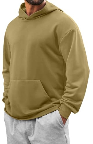 KUIH Mens Oversized Hoodies Sweater Fleece Lined Sweatshirt Plain Hoody Sport Hoodie Loose Pullover Jumpers Comfy Long Sleeve Tops Baggy Thermal Outerwear Athletic Gym Running Top Sportswear Khaki