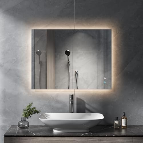 ANNWA Badspiegel mit Beleuchtung Rechteckig 60x80cm,Touch-Schalter, Dimmbar,Beschlagfrei,3 Lichtfarben Dimmbarer LED Bad Spiegel Ohne Rahmen,Vertikal,Horizontal Montage(NHYJ6812D)