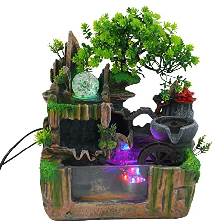 HazLope Zimmerbrunnen, Steingarten-Deko mit Nebeldiffusor & LED-Licht, Tisch-Bonsai-Wasserspiel, für Wohnzimmer & Büro & Entspannung