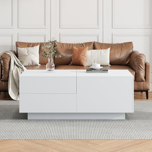 SACOOL Couchtisch 90x55x45cm, Moderner Kaffeetisch mit verschiebbarer Tischplatte, 4 Schubladen – Perfekt für stilvolle Wohnzimmer