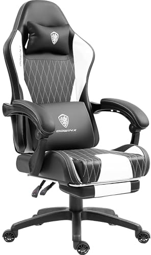 Dowinx Gaming Stuhl mit Taschenfederkissen, Ergonomischer Massage Gamer Stuhl aus Leder mit Kopfstütze und Fußstütze, Computerstuhl für Büro und Gaming, Weiß
