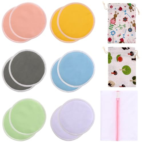12 pcs (6 Pairs) Nursing Pads Set, Nursing Pads Washable Organic Bamboo Nursing Pads Reusable Nursing Pads Washable Soft Absorbent Nursing Pads (1 Laundry Bag and 2 Organza Bags)