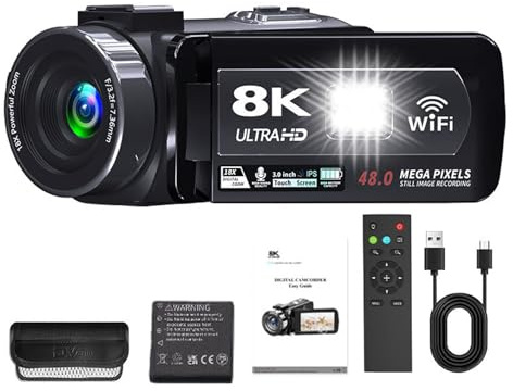Plyisty Videocámara con Cámara de Vídeo 8K, Zoom Digital de 18X, Pantalla Táctil de 3 con Visión Nocturna por Infrarrojos, Cámara Vlogging de 64MP, CámaraWeb WiFi, Control Remoto, Batería