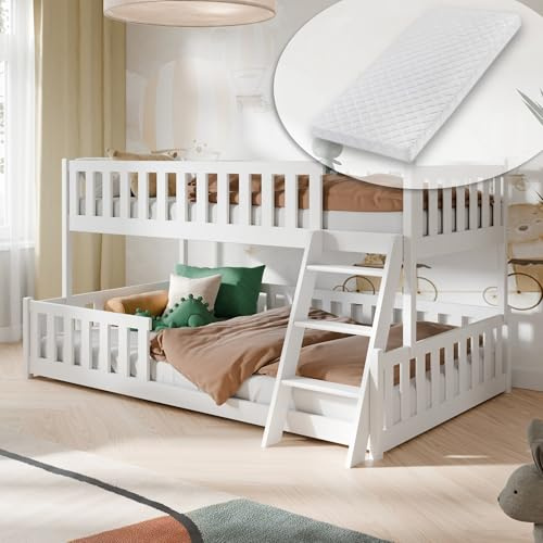 Kids Collective Etagenbett 90x200 / 120x200 Kinderbett Jugendbett Stockbett Hochbett mit Leiter, Rausfallschutz Lattenrosten und 2 Matratzen, Kinder Bett von 4. bis 16. Lebensjahr Weiß