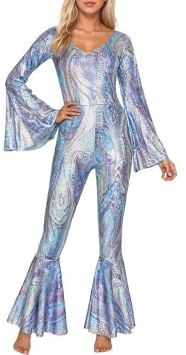 Generisch Disco Outfit Damen 60er 70er Jahre Jumpsuit Glitzer Pailletten Overall V-Ausschnitt Lang Hosenanzug Hippie Playsuit Schlag Weite Romper für Halloween Party Festival Outfit