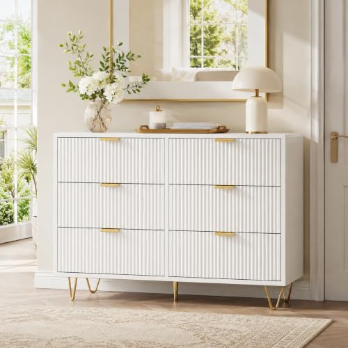 Kommode mit 6 Schubladen für Schlafzimmer, Weiße Schubladenschrank mit Stauraum, Modernes Komodenschrank für Kleidung & Spielzeug, Aufbewahrungsschrank für Wohnzimmer, Kinderzimmer, Flur, 100x34x73 cm