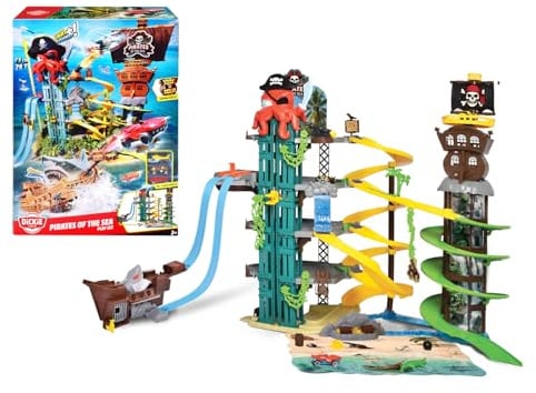 Dickie Toys - Pirates of the Sea Playset – Parkgarage mit 5 Ebenen für Kinder ab 3 Jahren, mit Licht & Sound, Schießfunktion, Doppelrennstrecke, Haibiss, Sprungrampe, Gefängnis, inkl. 3 Die-Cast Autos