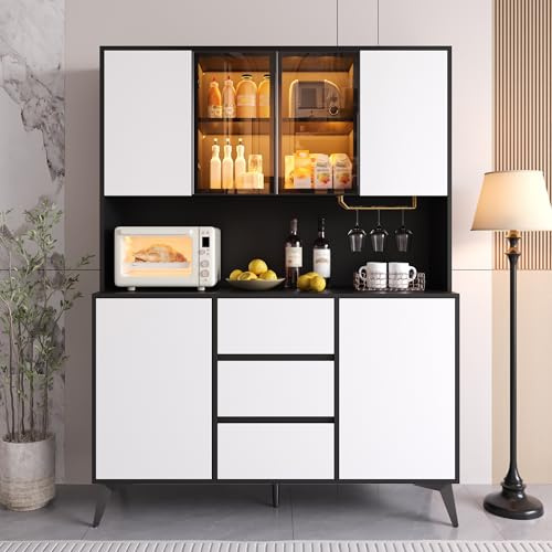 DHHU Buffet vitrine Haut avec éclairage LED connecté, 4 Portes et 3 tiroirs, Support Verres doré, Fermeture amortie, Meuble Salle à Manger et Cuisine, Noir et Blanc, MDF, Pieds Fer
