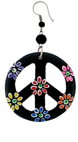 CHICNET Holzohrringe schwarz Peace bunt Blumen Perlen Ohrringe Holz Edelstahl Ohrhänger Damen Organic