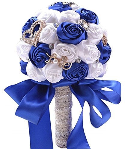 Fouriding Handgemachte Brosche Brautstrauß Braut Satin Rosen Blumen Diamant Perlen Blumensträusse Hochzeit Strauß Künstliche Blumenstrauß künstlicher Rosenstrauß Dekoration (Blau Weiss)