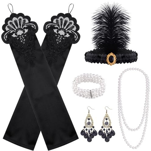 FEPITO 1920er Flapper Great Gatsby Accessoires Set - Fashion Roaring 20's Theme Mit Stirnband Kopfschmuck, Lange Schwarze Handschuhe, Halskette, Ohrringe für Damen (Set E)
