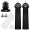 FEPITO 1920er Flapper Great Gatsby Accessoires Set - Fashion Roaring 20's Theme Mit Stirnband Kopfschmuck, Lange Schwarze Handschuhe, Halskette, Ohrringe für Damen (Set E)