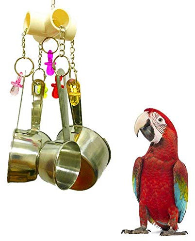 Vogelglocken-Spielzeug aus Edelstahl, 4 Töpfe, Papageienspielzeug mit bunter Dekoration, Metall-Vogelkäfig-Spielzeug für Kakadu, Papagei, Ringhals und andere Vögel, 35 x 20 cm