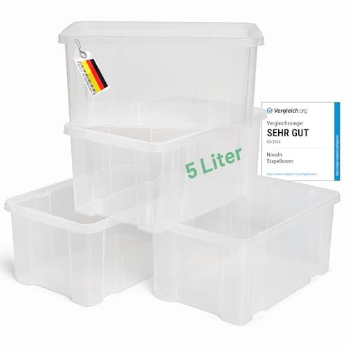 Novaliv 4x Aufbewahrungsboxen ohne Deckel 5L 30 x 19 x 14 cm transparente Nestbar stapelbare Storage boxes Kunststoff BPA-frei