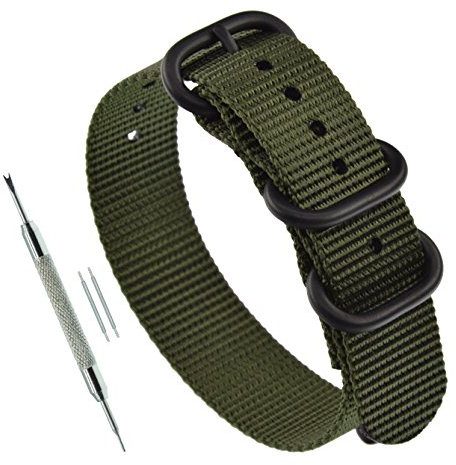 MZBUTIQ 19mm Grün Uhrenarmband Ballistisches Nylon Strap Extra Lang Herren Matte Schwarze Schnalle