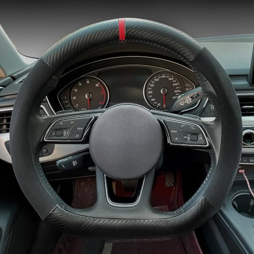 Carodi Coprivolante per auto in pelle scamosciata, in fibra di carbonio, antiscivolo, adatto per interni auto, 38,1 cm, universale (forma a D, pelle scamosciata nera con fibra di carbonio)