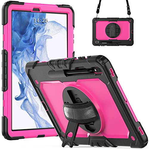CASZONE Funda para Samsung Galaxy Tab S7 FE 12.4 pulgadas 2021, Samsung Galaxy Tab S7 con Kickstand Galaxy Tab S7 FE Protector de pantalla integrado a prueba de golpes con correa de mano Rosered+Negro
