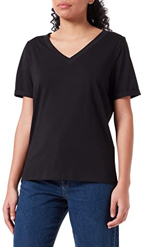 PIECES Pcria SS-Camiseta de Manga Corta con Cuello de Pico, Negro, S para Mujer