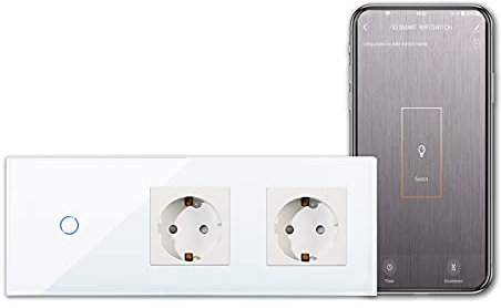 CNBINGO Smart Touch Lichtschalter mit Doppel Schuko Steckdose unterputz - WLAN Schalter Arbeit mit Alexa, Google Assistant - Wandschalter einfach in Weiß - Ohne Neutralleiter