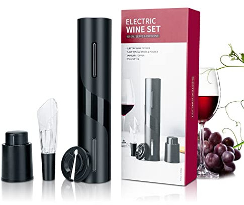Darbermu Electric Wine Bottle Opener Set, Cordless Automatic Wine Opener,Wine Opener Kit with Foil Cutter, Pourer, Wine Vacuum Stopper, for Wine Lovers, Gift Set for Festival, Party, Birthday (Black)
