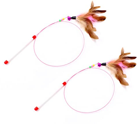 KuTi Kai Cat Feather Wand Toy,Cat Toy,Steel Wire Feather Interactive Pet Stick Training - Beads Bells Kitten Wand Toys Pet Teaser 2pcs/set (One Size, Color Random)