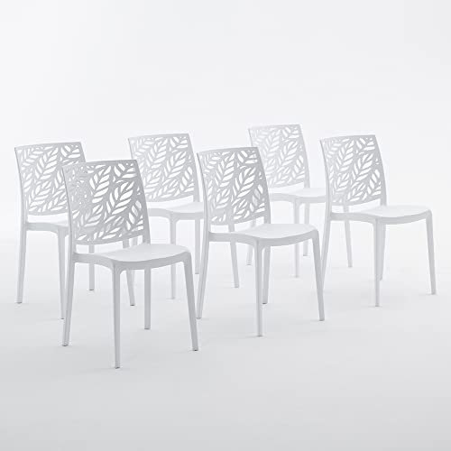 Sillas de polipropileno con fibra de vidrio apilables para interior, cocina o comedor, para exterior y jardín, sillas de bar y restaurante, de diseño - Dafne (6 sillas, blanco)