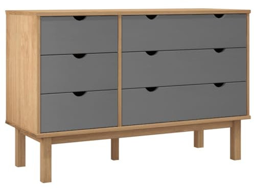 vidaXL Massivholz Schubladenschrank Kommode Schrank Wohnzimmer Schubladenkommode Aufbewahrungsmöbel Anrichte Sideboard OTTA 111x43x73,5cm Braun Grau