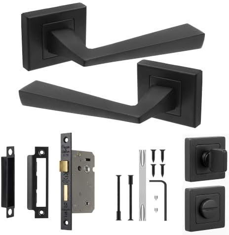 Decoranddecor Matt Black Door Handles Internal Bathroom Lock Square Rose | CE marked, thumb turn and release, built to last, Bathroom Door Handles with Lock, fits 35-45 mm doors, Helix Range