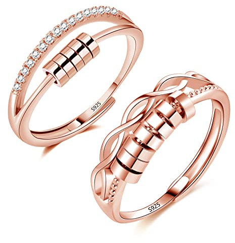 Cangall Silber Anxiety Rings, 2PCS 925 Sterling Silber Anti Stress Ringe Set, Offen verstellbar Rose Gold Damen Angst Ringe Dekompressionsringe, Unendlichkeit Silber Spinner Fidget Ringe Zappelringe
