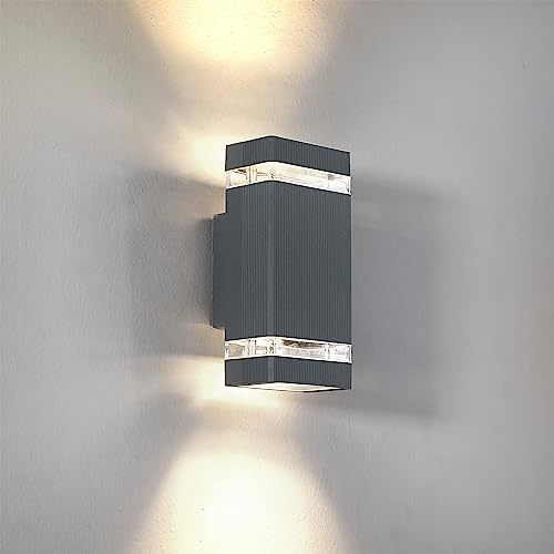 HLFVLITE Outdoor Wall Light Mains Powered, Up and Down Light Outside, IP44 Waterproof Front Door Light, Die-Cast Aluminum Porch Light with GU10 Cold White LED Bulbs, Grey
