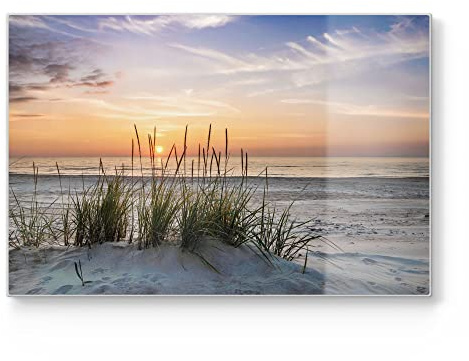 DEQORI Schneidebrett aus Glas | groß 30x20 cm | Motiv Sonnenuntergang am Strand | Design Schneideplatte für Küche | Frühstücksbrett antibakteriell & rutschfest | Glasplatte & Servierplatte