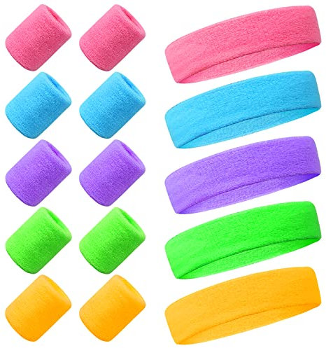 15 Stück Schweissband Set 80er Neon Schweissband Handgelenk Stirnband Sport Elastisch mit 10 Stück Armbänder für Damen Herren Basketball Tennis Fitnessstudio Karneval (5 Farbe) Bunte