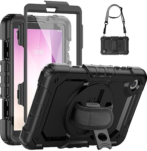 SEYMCY Case for Lenovo Tab M8 4th Gen 8 inch 2024/2023, Full-body Shockproof with Screen Protector, 360° Rotating Hand Strap & Stand, Carrying Strap for Lenovo M8 4th Tablet, Black