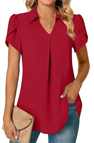 Aodemo Women's Summer Dressy Collared V Neck Chiffon Blouse Short Sleeve Tunic Tops Casual Pleated T-Shirts 2XL, Red