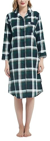 CHUNG Chemise de nuit à carreaux pour femme - Manches longues - En flanelle douillette - Coton brossé, Turquoise à carreaux, M